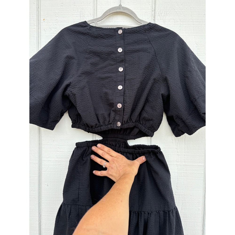 Madewell Seersucker Black Dress, Puff Sleeves, Open‎ Lower Back, Sz S - Picture 3 of 10